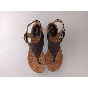 Michael Kors London Brown Logo Print  Thong Block Heel Slingback Sandals Sz 9M